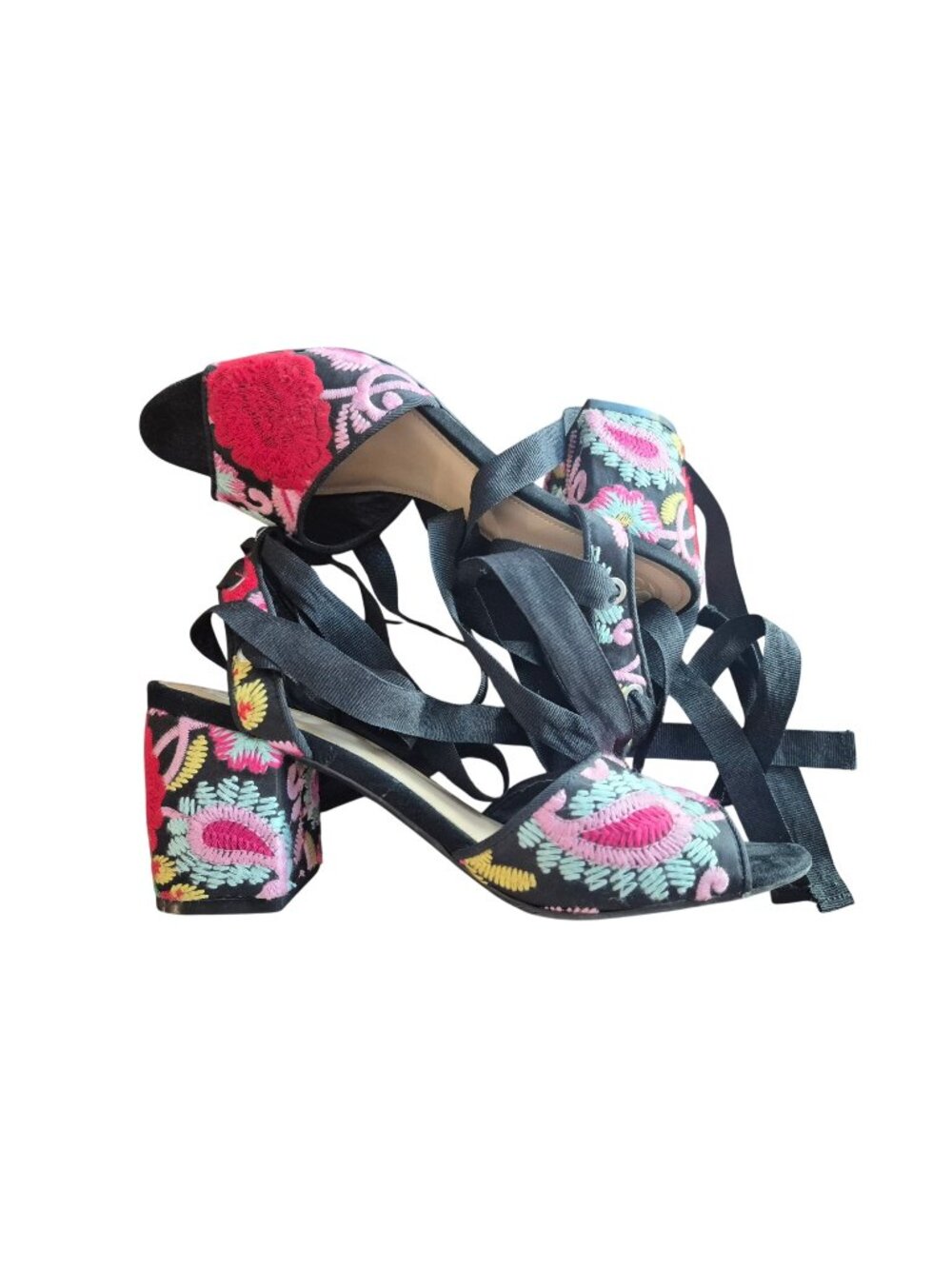 Guess Black Floral Embroidered Lace-Up Heeled Sandals Size 6M